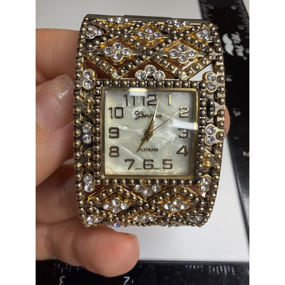 Geneva Platinum Gold Tone Rhinestone Cuff Watch Mother of Pearl Dial 8639 LC